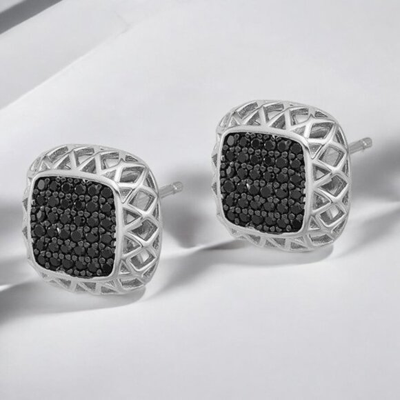 Pavé Black Spinel Square Shaped Earrings in 925 Sterling Silver - Picture 1 of 2